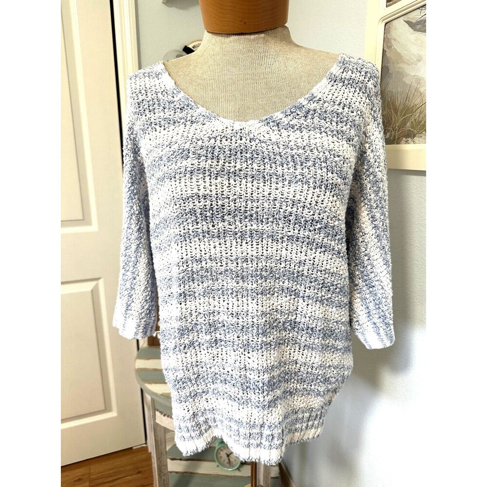 NWT Chico's size 0 SMALL blue white Striped Knit Yarn V-neck Pullover Sweater